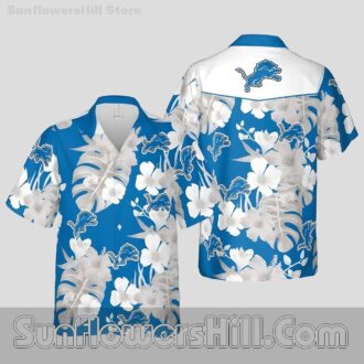 Detroit Lions Blue and White Flower Relaxed Fit Unisex Hawaiian Shirt for Summer Beach Vacations