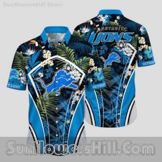Detroit Lions Blue Black Floral Aloha Button Up Shirt for Beach Parties