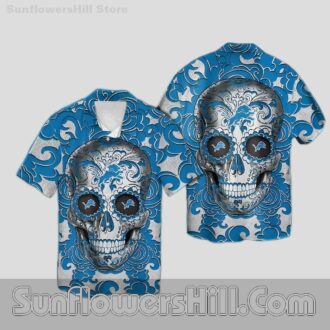 Detroit Lions Blue Floral Skull Button Up Casual Shirt for Summer Parties