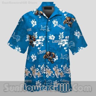 Detroit Lions Blue Mascot Print Button Up Casual Shirt for Summer Parties