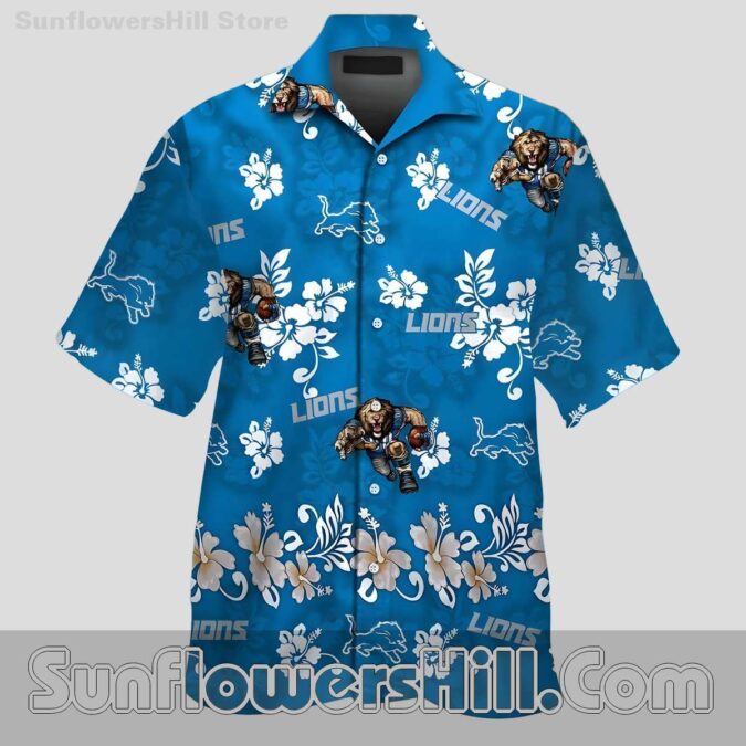 Detroit Lions Blue Mascot Print Button Up Casual Shirt for Summer Parties