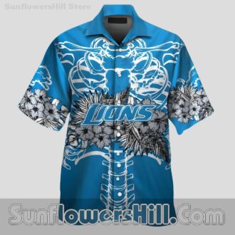 Detroit Lions Blue Skeleton Graphic Button Up Casual Shirt for Football Fans