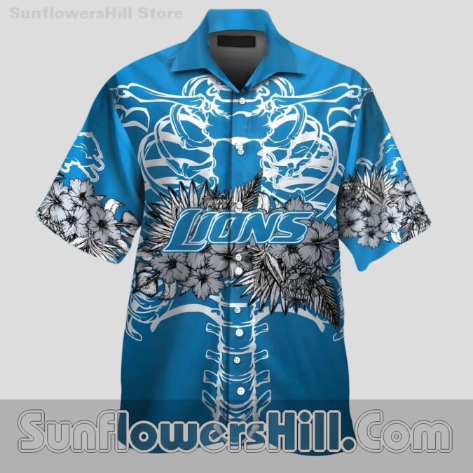 Detroit Lions Blue Skeleton Graphic Button Up Casual Shirt for Football Fans
