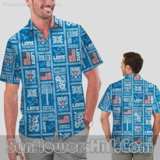 Detroit Lions Blue US Flag Print Patchwork Hawaiian Shirt for Game Day Fans