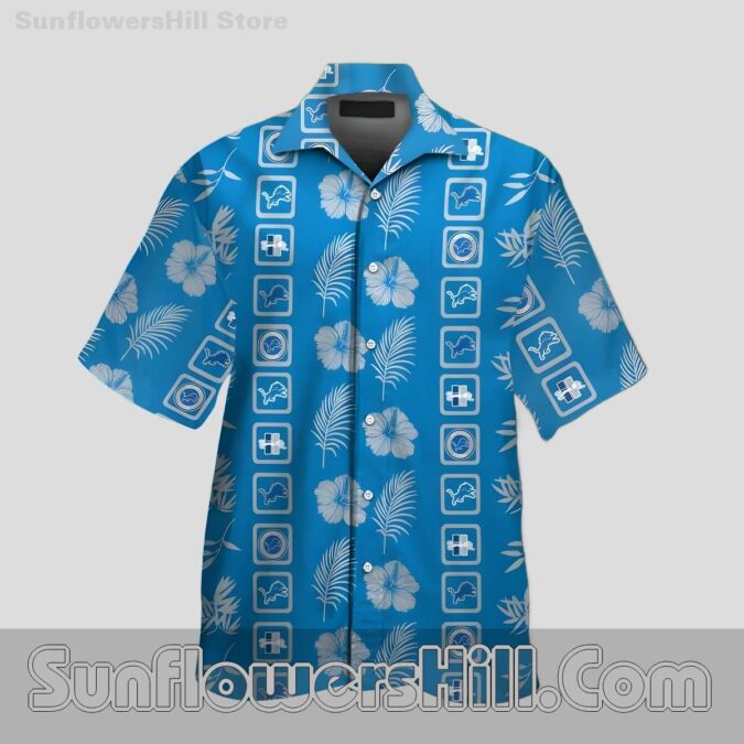 Detroit Lions Blue White Tropical Grid Logo Aloha Shirt for Father’s Day Gift