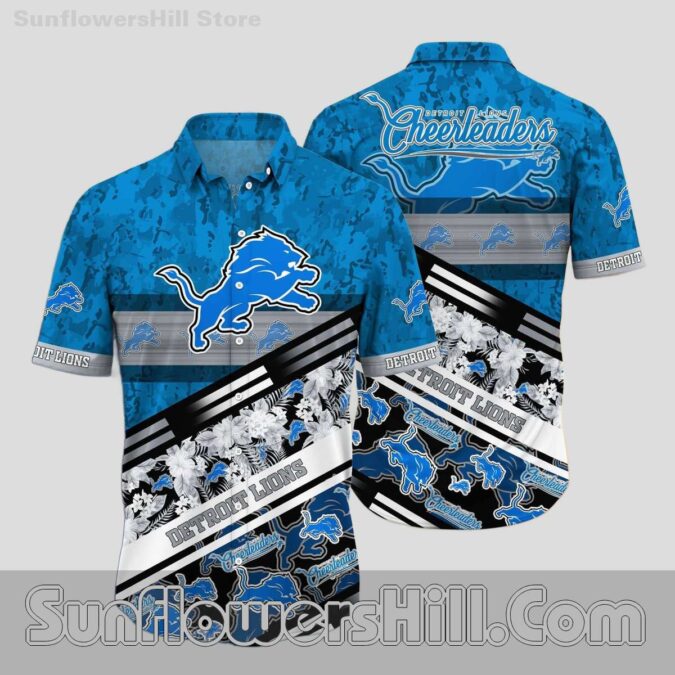 Detroit Lions Cheerleader Print Casual Short Sleeve Hawaiian Shirt for NFL Football Fans