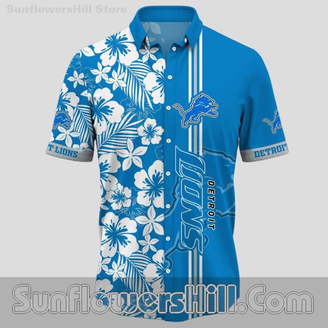 Detroit Lions Honolulu Blue Tropical Floral Button Up Shirt for Summer Beach Trips