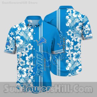 Detroit Lions Honolulu Blue Tropical Floral Button Up Shirt for Summer Beach Trips