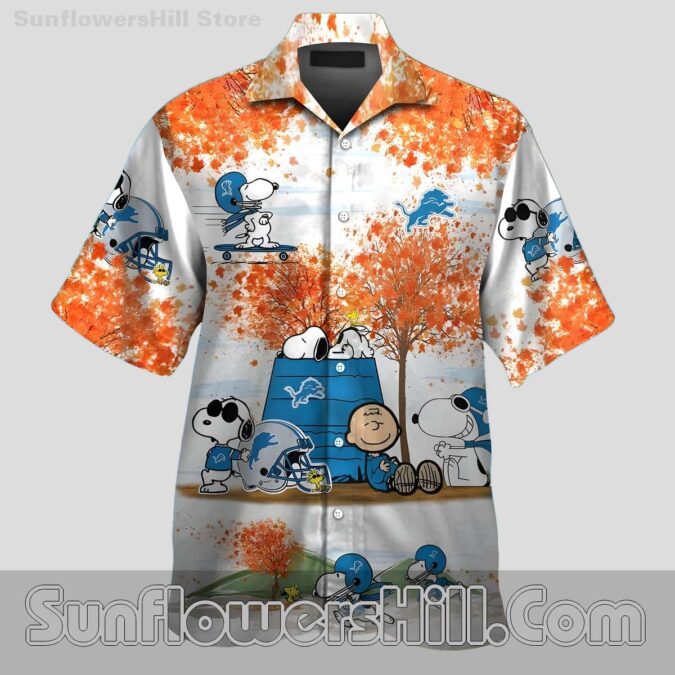 Detroit Lions Peanuts Cartoon Print Short Sleeve Hawaiian Shirt for Beach Trips