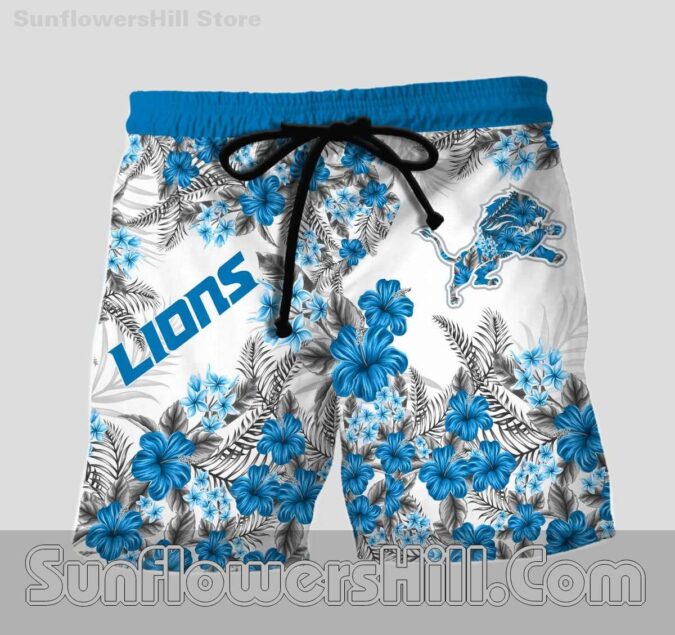 Detroit Lions White Floral Button Up Hawaiian Shirt and Shorts Matching Set Outfit for Fans