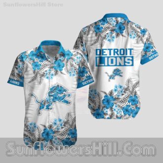Detroit Lions White Floral Button Up Hawaiian Shirt and Shorts Matching Set Outfit for Fans