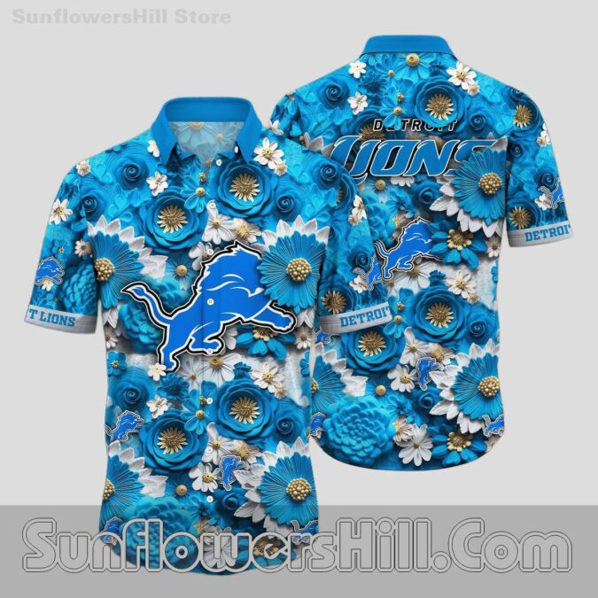 Premium Detroit Lions Blue Rose 3D Print Short Sleeve Casual Shirt for Vacation Wear